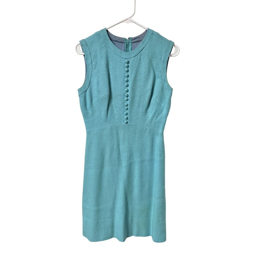 Vintage 60s Mod Miss Brooks New York Teal Blue Midi Sleeveless Dress Size M